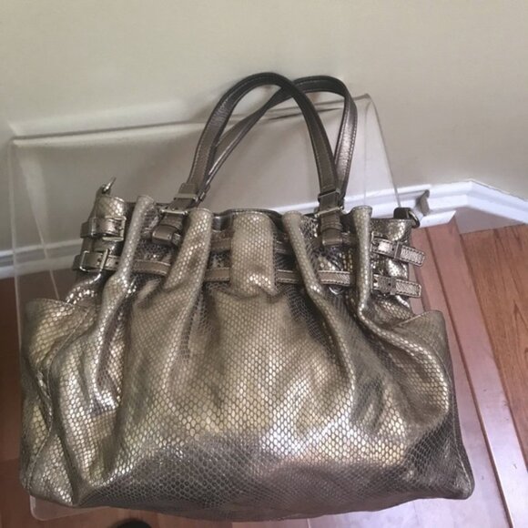 Michael Kors Leather Snake Print Gold Shoulder Hobo Bag Satchel Pockets Neutral - Picture 10 of 16